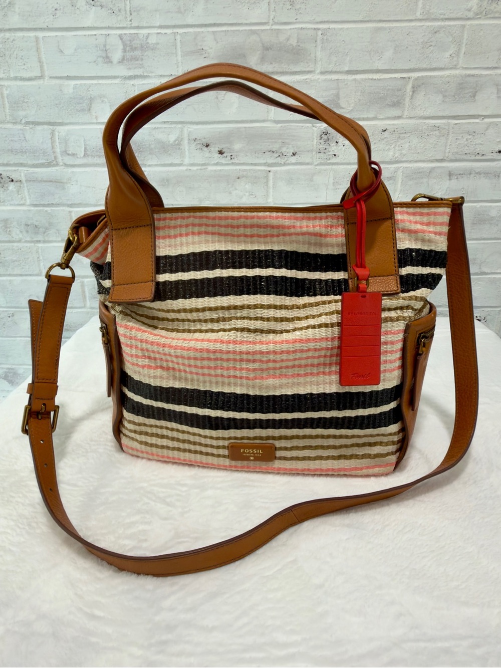 Fossil Striped Canvas Crossbody Tote in Pink, Black & Tan